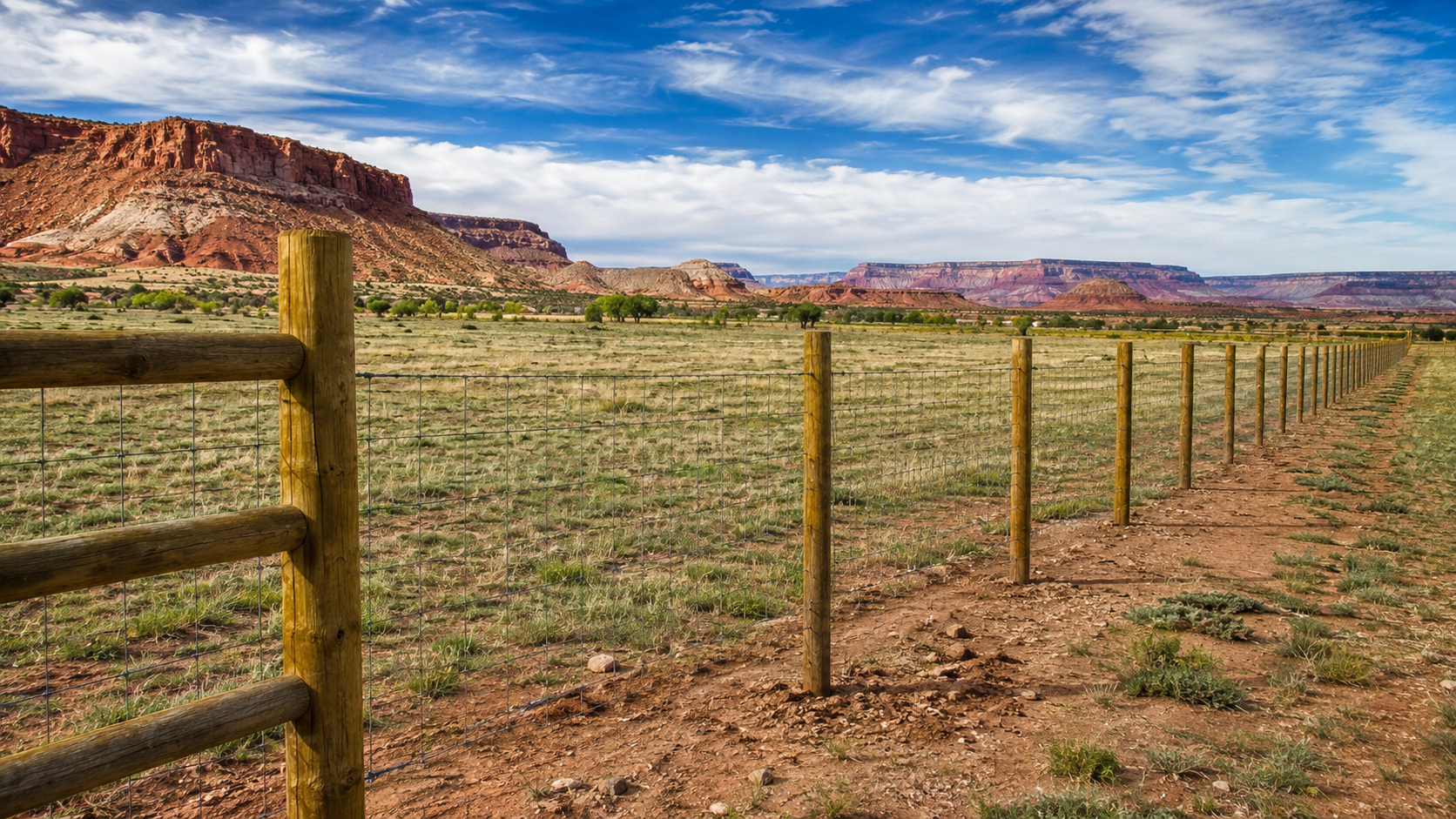 Ranch and property wire fencing stretching across open Southern Utah desert land